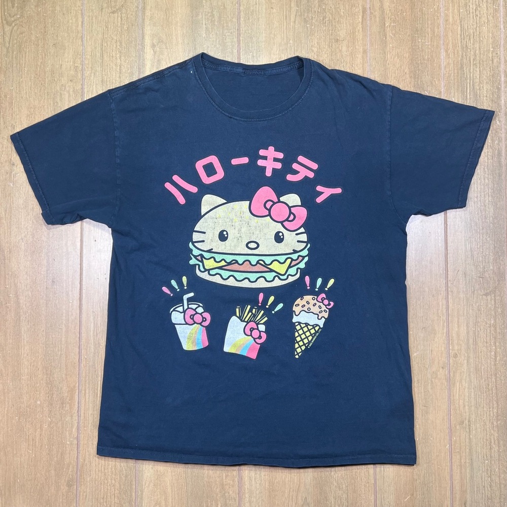 Sanrio Hello Kitty Burger Fast Food Graphic‎ T-Shirt Navy Blue 2022 Katakana